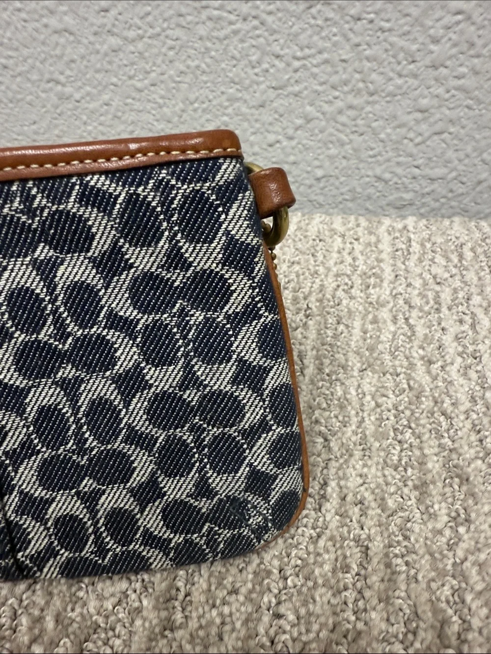Vintage Coach Signature Blue Bleeker Tattersall and Brown Leather Wristlet